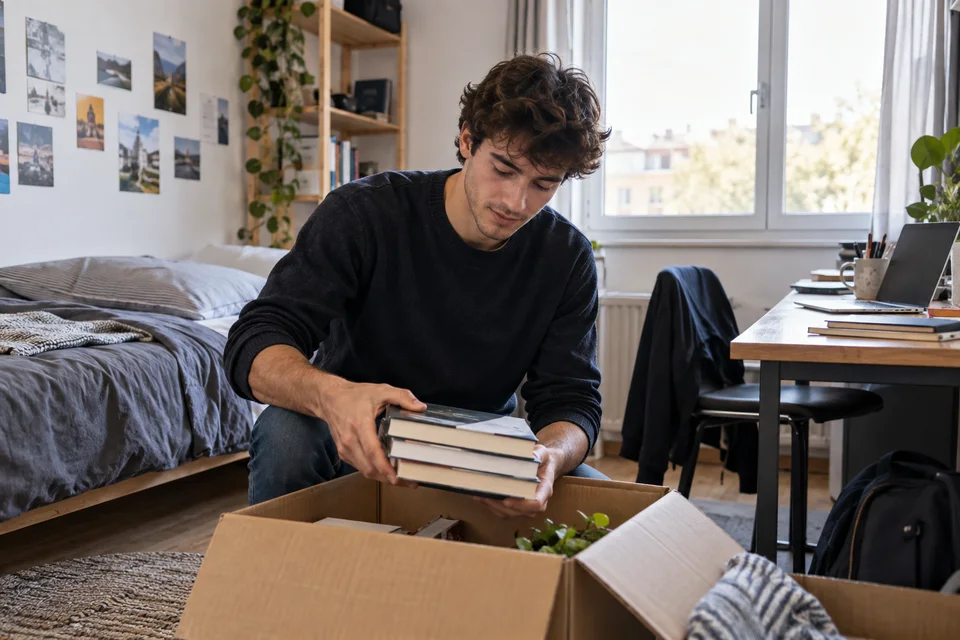 Un étudiant installe ses livres dans une chambre meublée Un étudiant installe ses livres dans une chambre meublée.